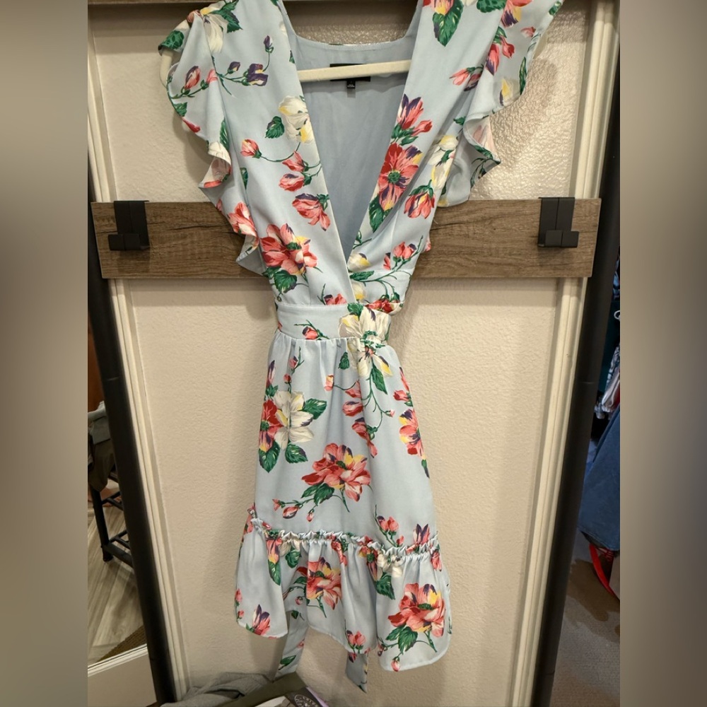 REVOLVE Light Blue Floral Backless Wrap Dress